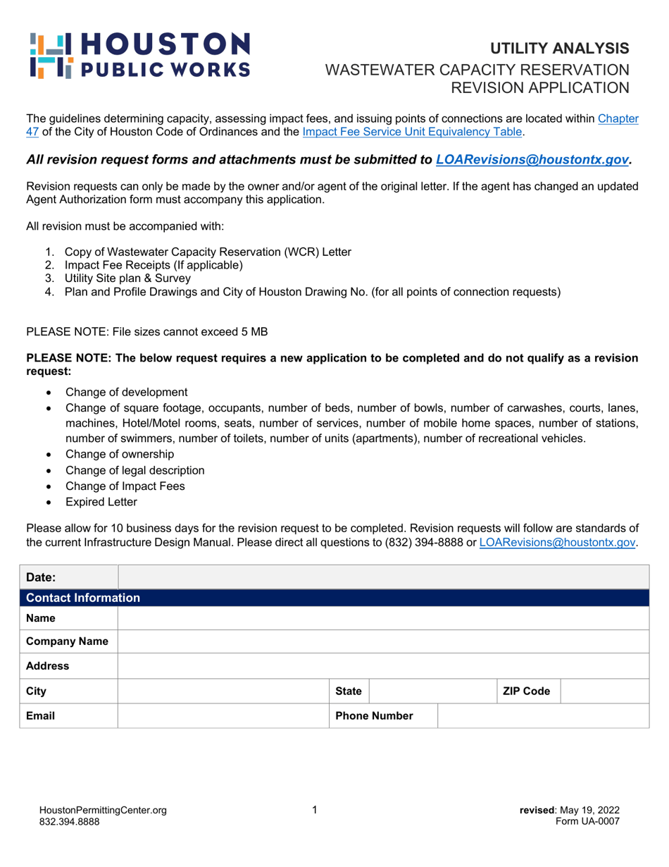Form UA-0007 Wastewater Capacity Reservation Revision Application - City of Houston, Texas, Page 1