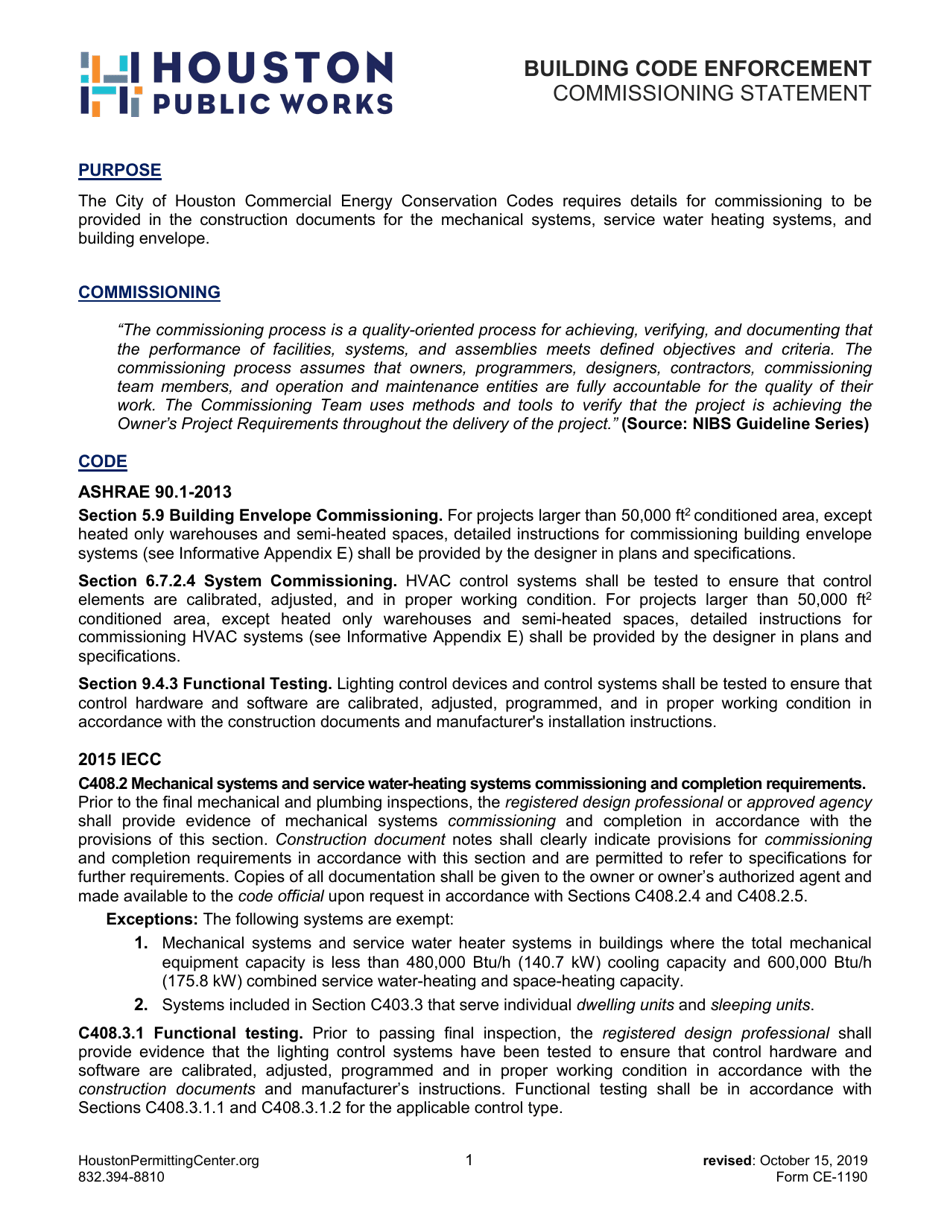 Form CE-1190 Commissioning Statement - City of Houston, Texas, Page 1