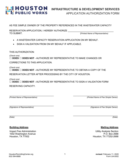 Form UA-0002 Application Authorization Form - Infrastructure & Development Services - City of Houston, Texas