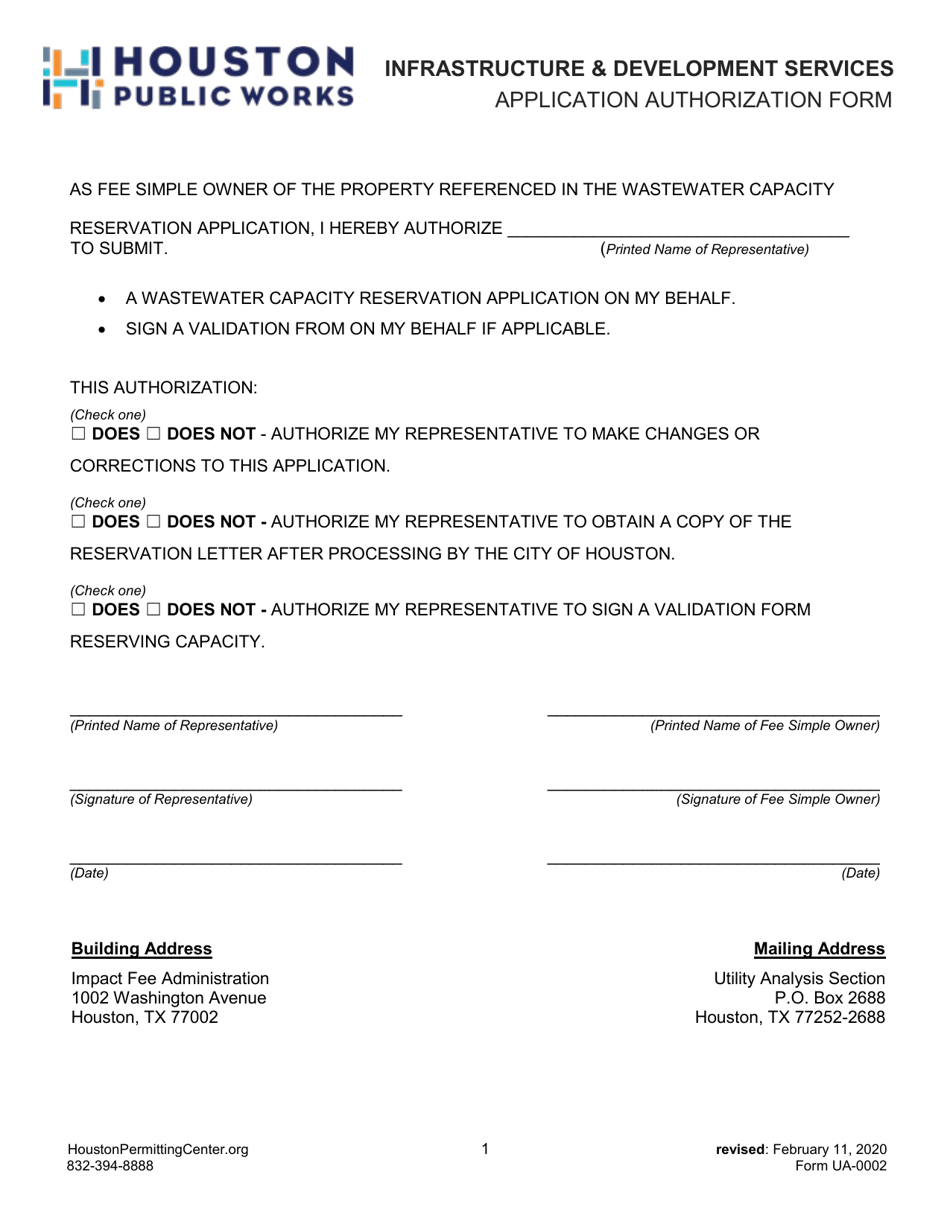 Form UA-0002 Application Authorization Form - Infrastructure  Development Services - City of Houston, Texas, Page 1