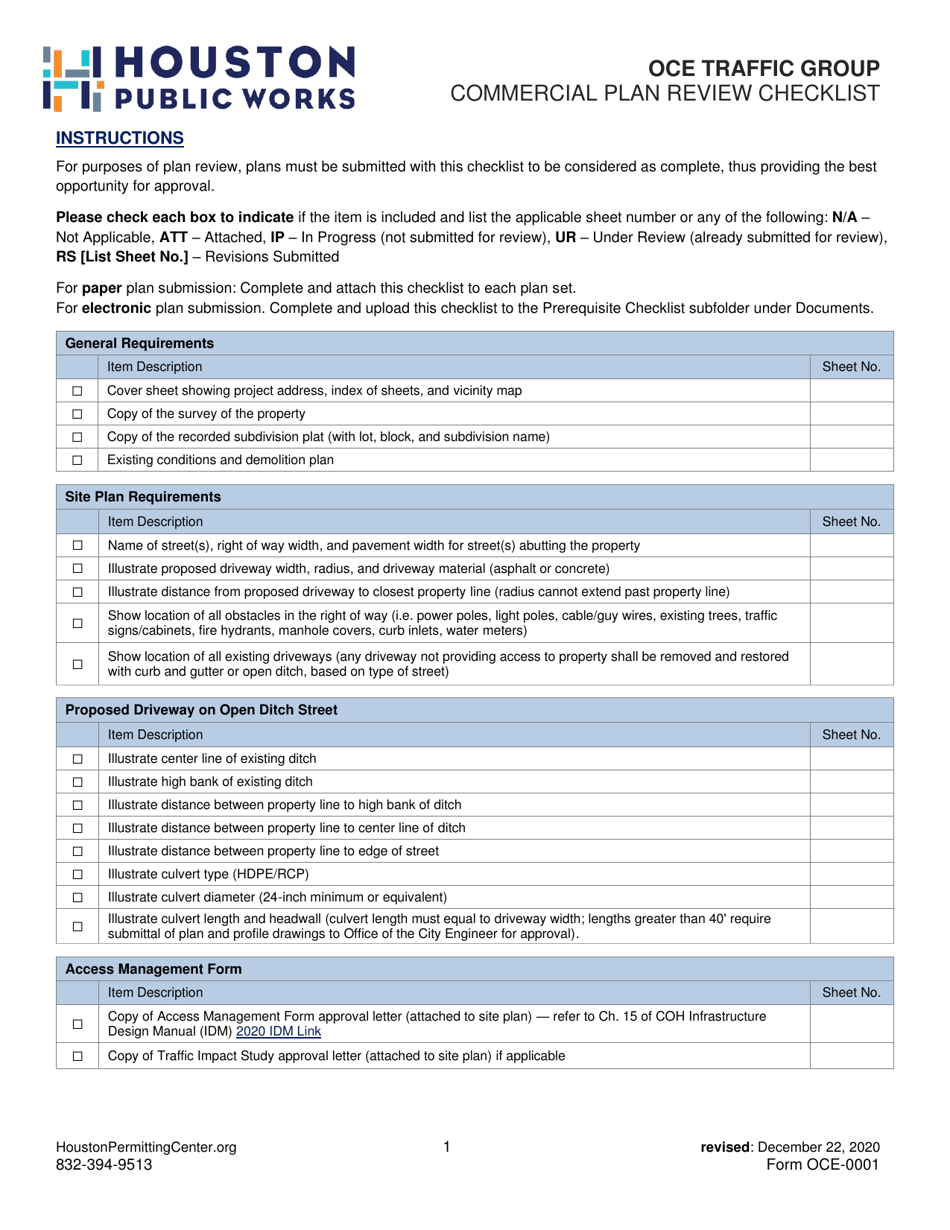Form OCE-0001 Commercial Plan Review Checklist - Oce Traffic Group - City of Houston, Texas, Page 1