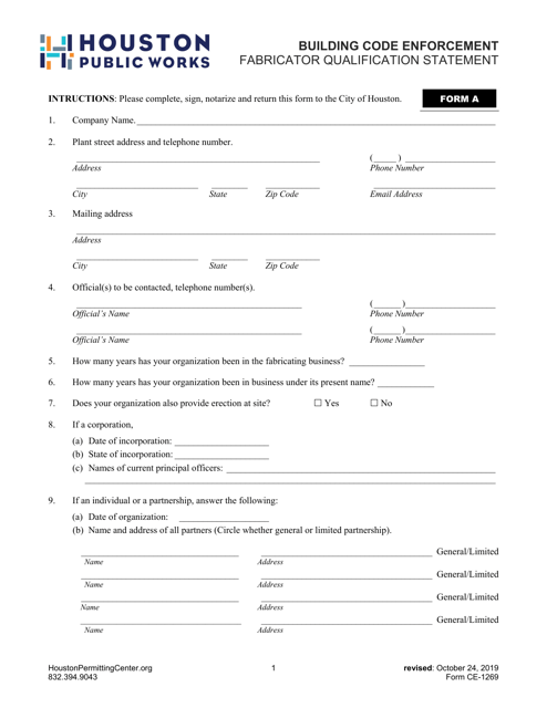 Form A (CE-1269)  Printable Pdf