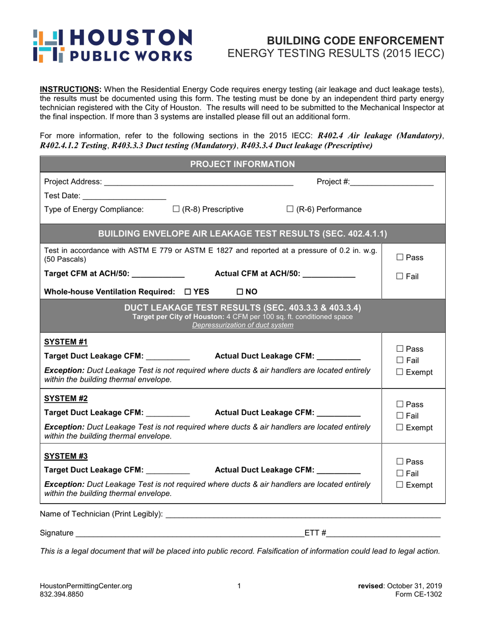 Form CE-1302 Energy Testing Results (2015 Iecc) - City of Houston, Texas, Page 1