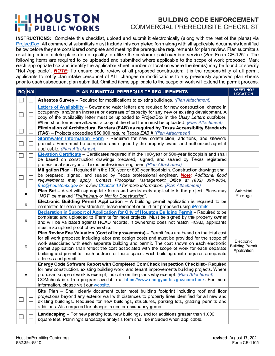 Form CE-1105 Commercial Prerequisite Checklist - City of Houston, Texas, Page 1
