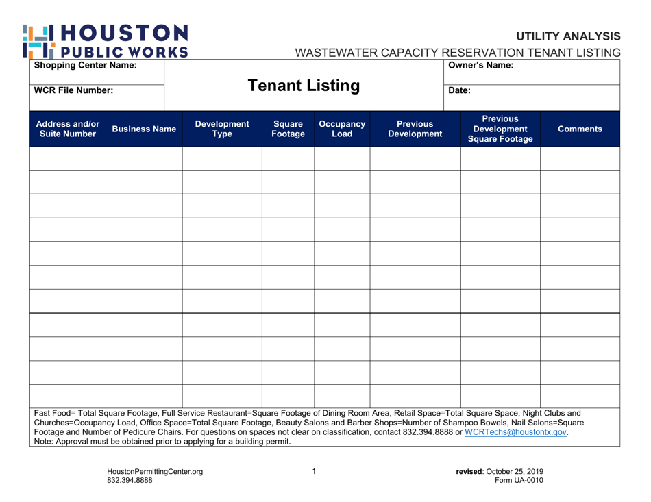 Form UA-0010 Wastewater Capacity Reservation Tenant Listing - City of Houston, Texas, Page 1