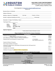 Document preview: Form CE-1045B Application for Occupancy, Compliance Inspection - City of Houston, Texas