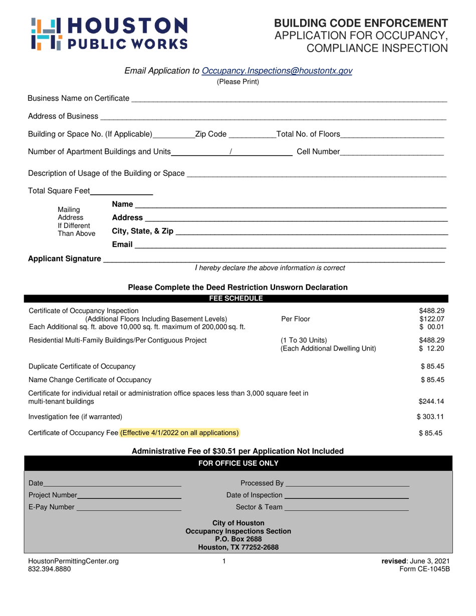Form CE-1045B Application for Occupancy, Compliance Inspection - City of Houston, Texas, Page 1