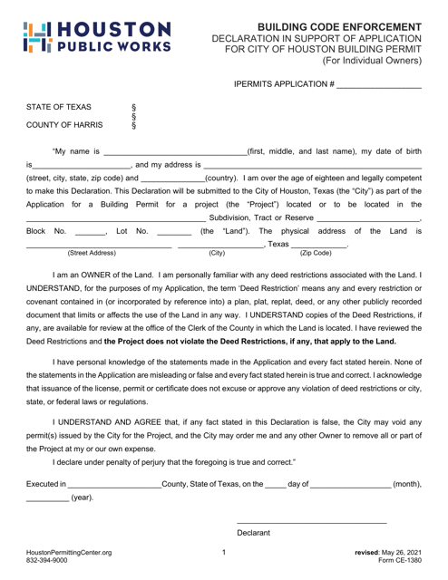Form CE-1380 Declaration in Support of Application for City of Houston Building Permit (For Individual Owners) - City of Houston, Texas