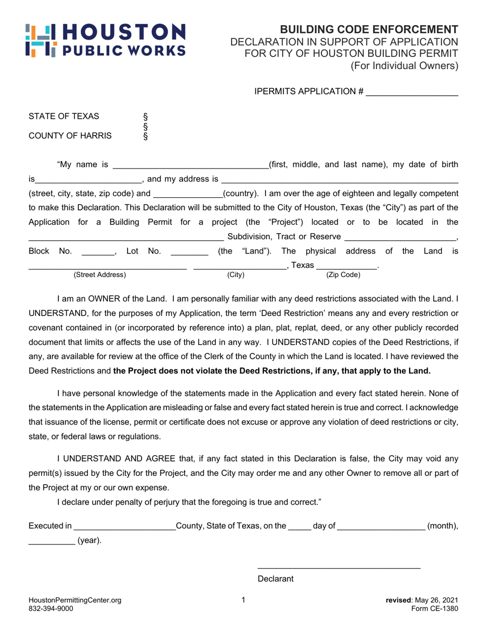 Form CE-1380 Declaration in Support of Application for City of Houston Building Permit (For Individual Owners) - City of Houston, Texas, Page 1