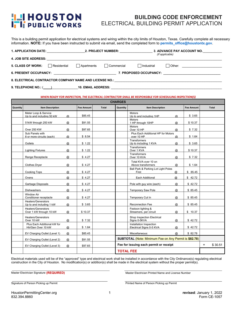 Form CE-1057 Electrical Building Permit Application - City of Houston, Texas, Page 1