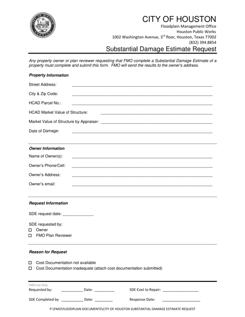 Substantial Damage Estimate Request Form - City of Houston, Texas Download Pdf