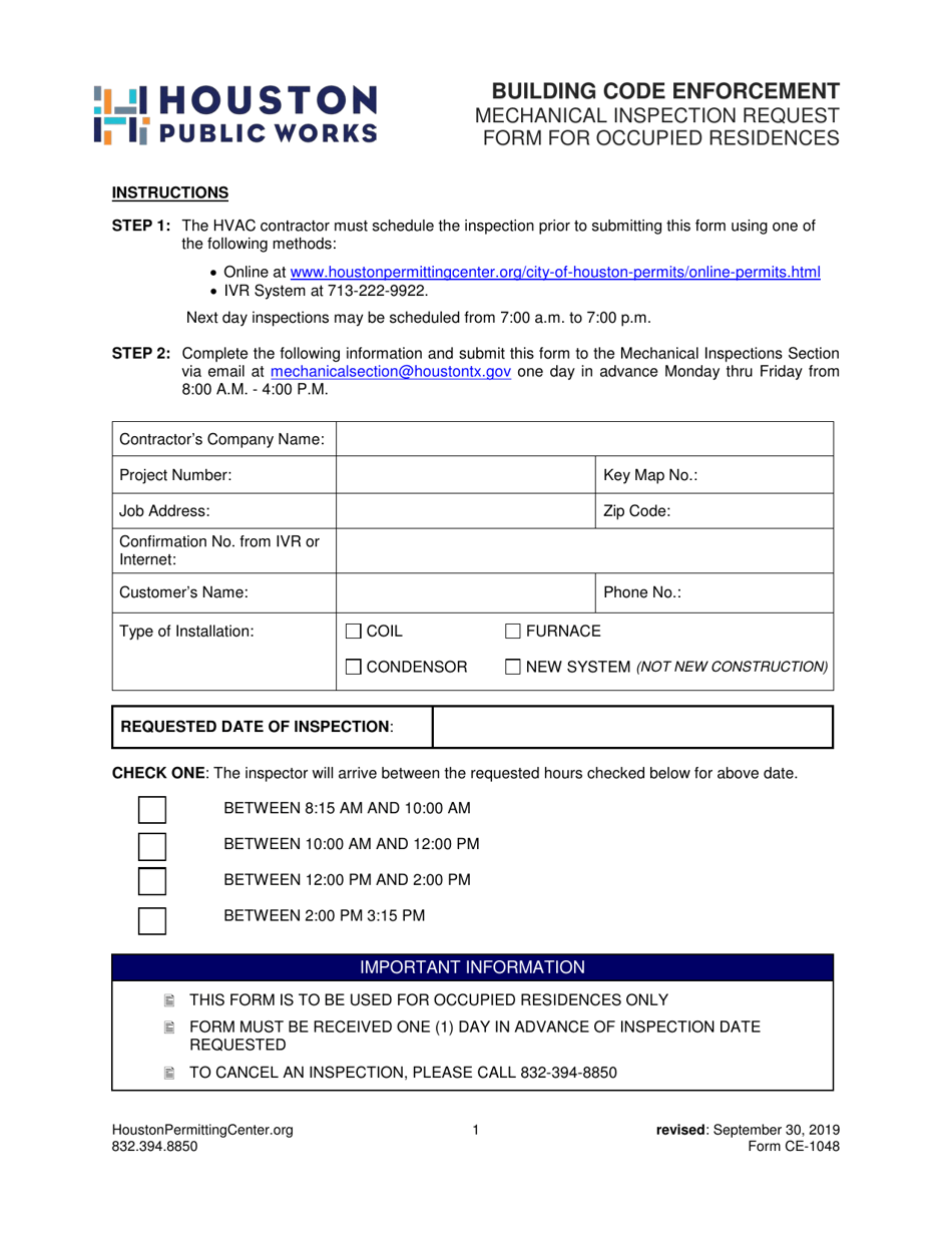 Form CE-1048 Mechanical Inspection Request Form for Occupied Residences - City of Houston, Texas, Page 1