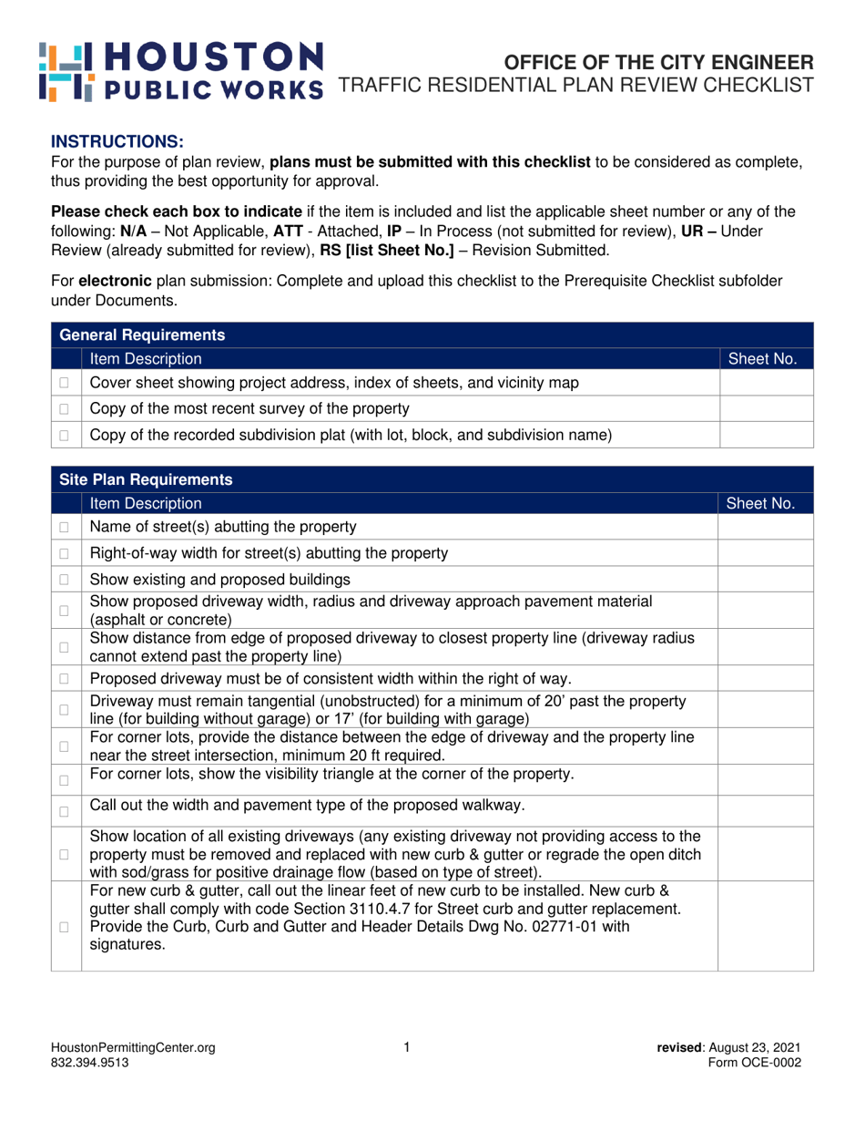 Form OCE-0002 Traffic Residential Plan Review Checklist - City of Houston, Texas, Page 1