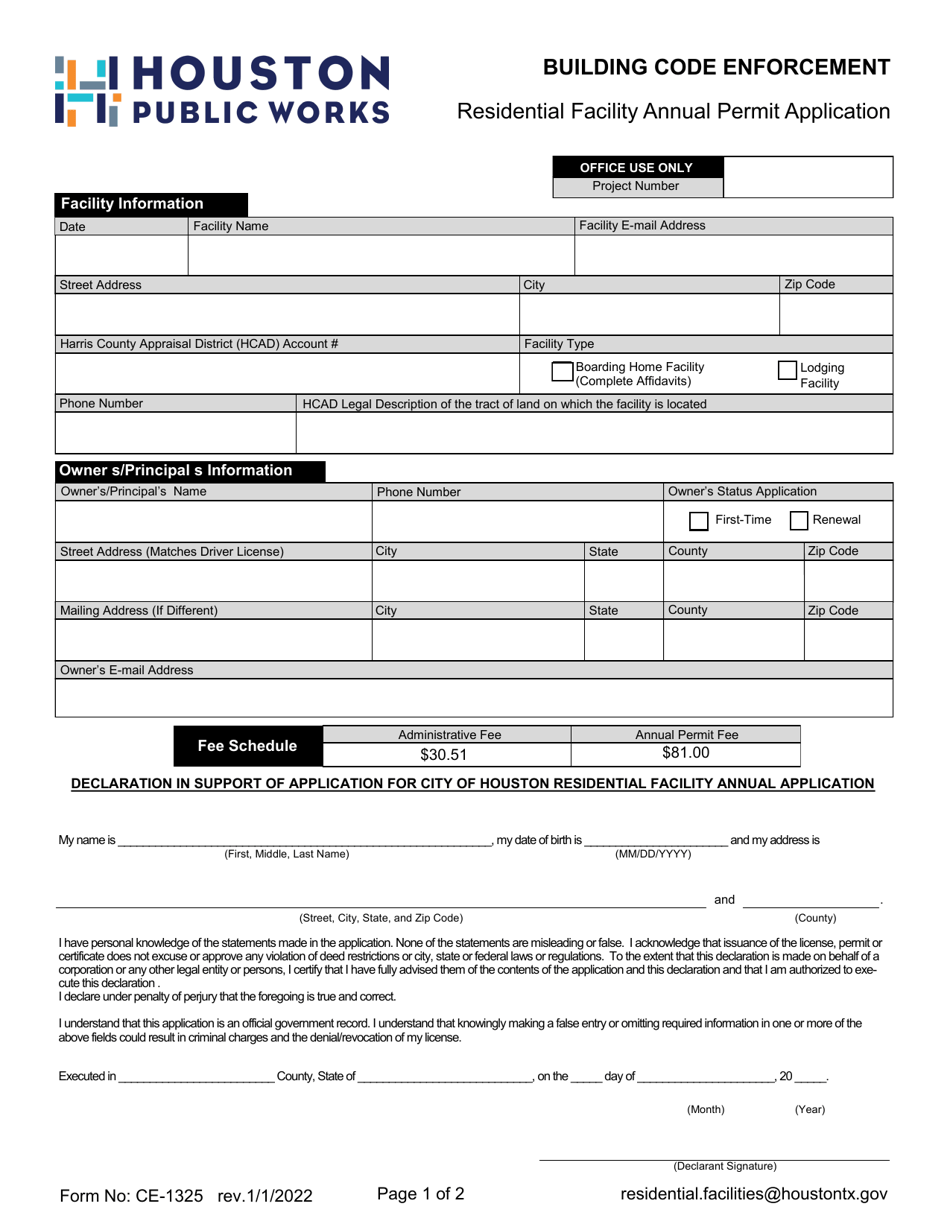 Form CE-1325 Residential Facility Annual Permit Application - City of Houston, Texas, Page 1