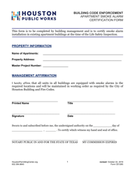 Document preview: Form CE-1265 Apartment Smoke Alarm Certification Form - City of Houston, Texas