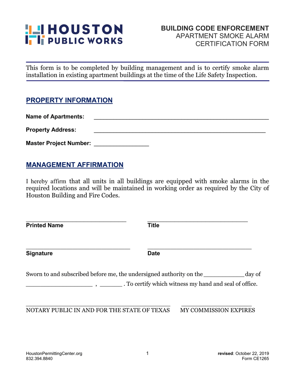 Form CE-1265 Apartment Smoke Alarm Certification Form - City of Houston, Texas, Page 1