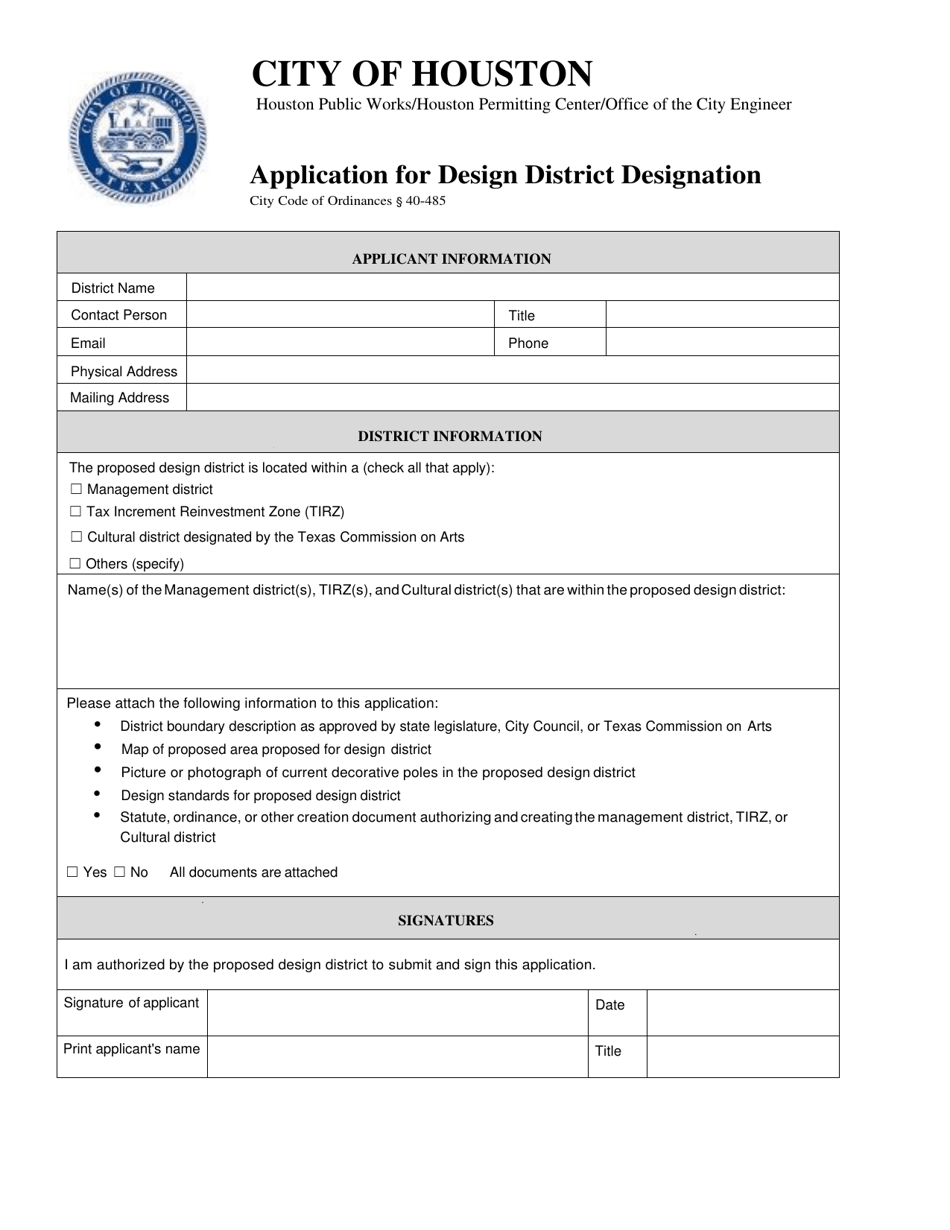 Application for Design District Designation - City of Houston, Texas, Page 1