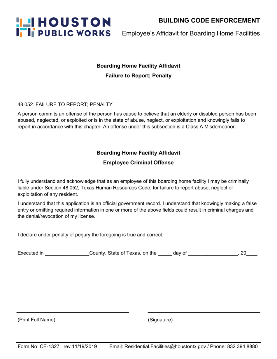 Form CE-1327 Employees Affidavit for Boarding Home Facilities - City of Houston, Texas, Page 1