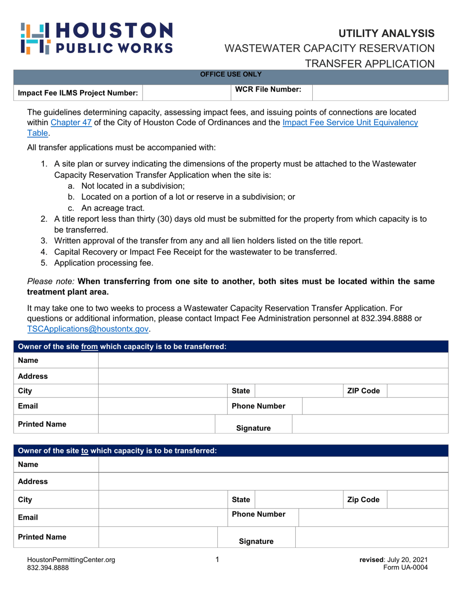 Form UA-0004 Wastewater Capacity Reservation Transfer Application - City of Houston, Texas, Page 1