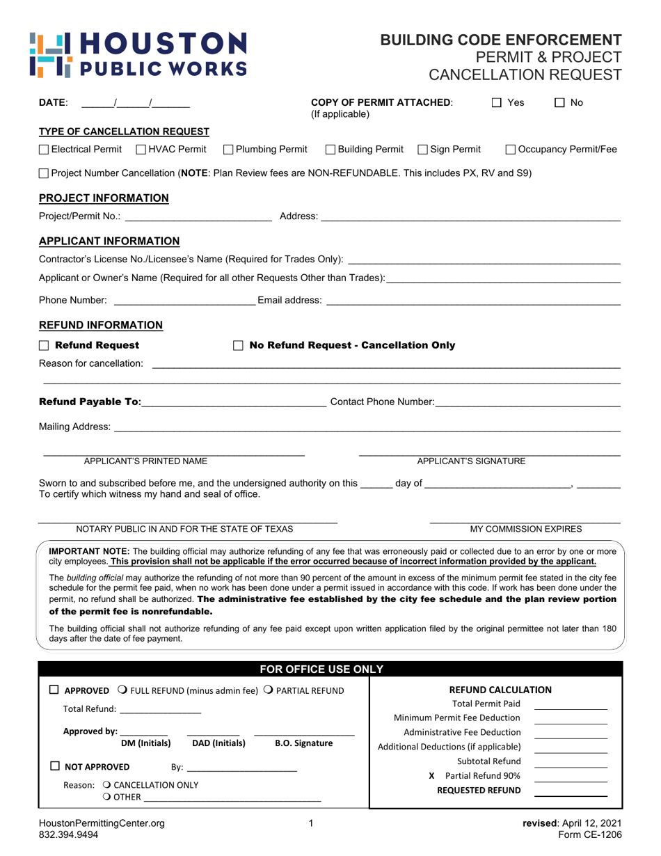 Form CE-1206 Permit  Project Cancellation Request - City of Houston, Texas, Page 1