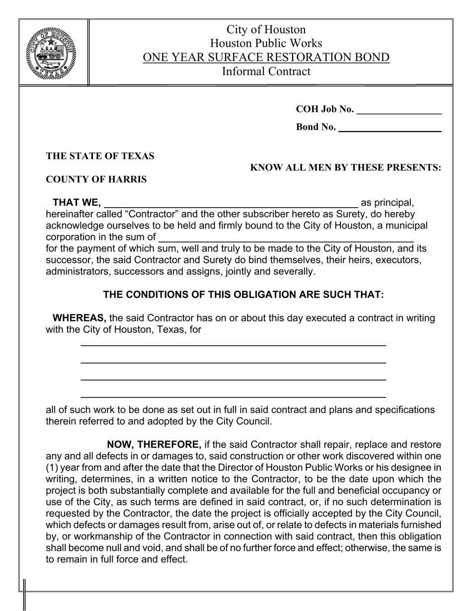 One Year Surface Restoration Bond - Informal Contract - City of Houston, Texas, Page 1