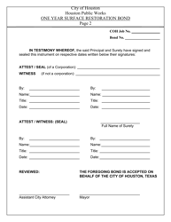 One Year Surface Restoration Bond - Informal Contract - City of Houston, Texas, Page 2