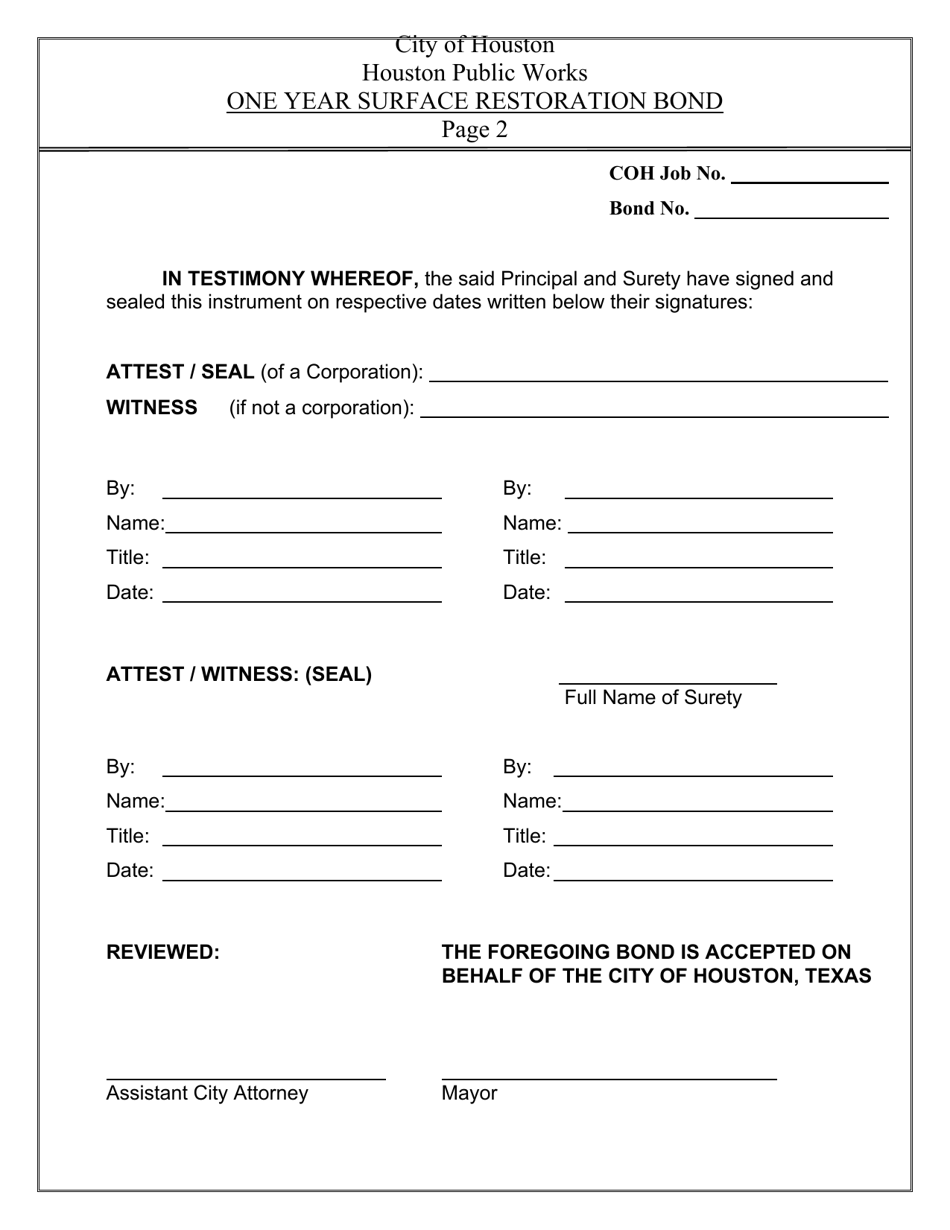 City of Houston, Texas One Year Surface Restoration Bond Informal
