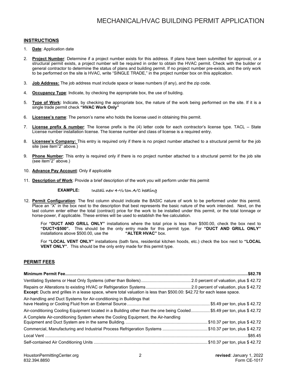 Form CE-1017 Mechanical / HVAC Building Permit Application - City of Houston, Texas, Page 2