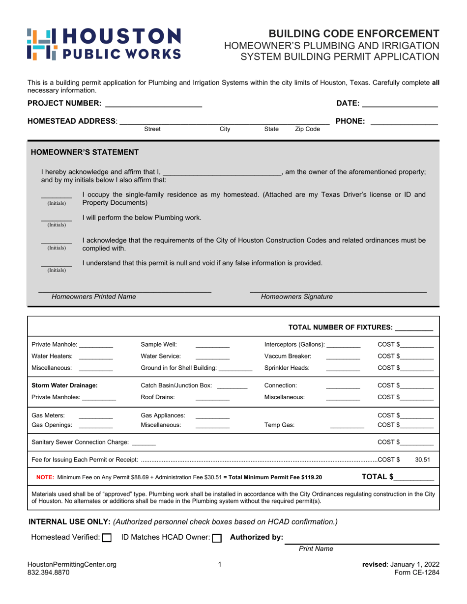 Form CE-1284 Homeowners Plumbing and Irrigation System Building Permit Application - City of Houston, Texas, Page 1