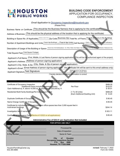 Form CE-1045A Application for Occupancy, Compliance Inspection - Example - City of Houston, Texas