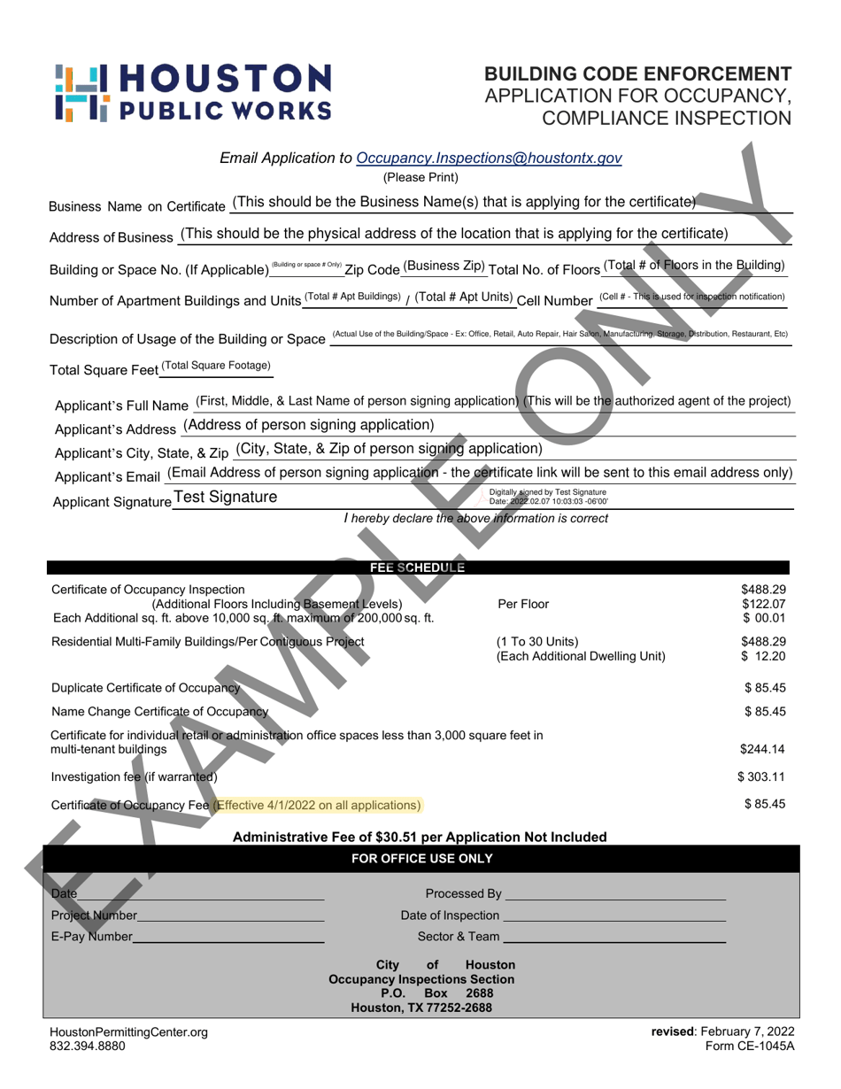 Form CE-1045A Application for Occupancy, Compliance Inspection - Example - City of Houston, Texas, Page 1