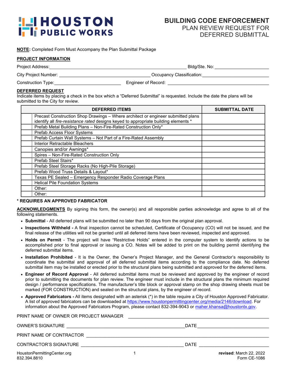 Form CE-1086 Plan Review Request for Deferred Submittal - City of Houston, Texas, Page 1