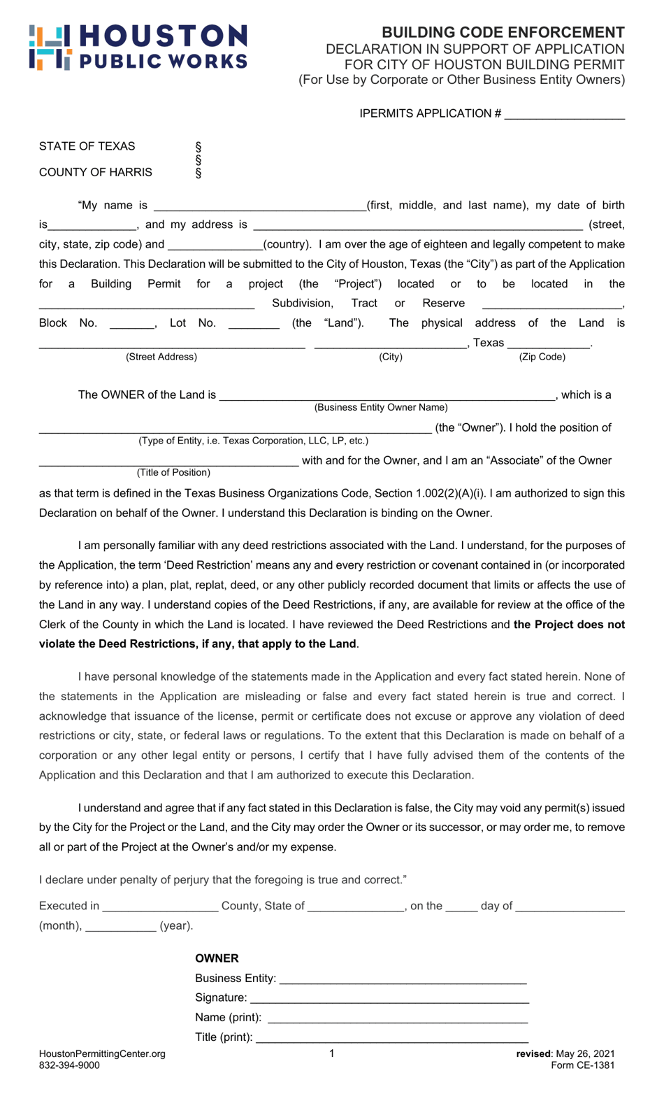 Form CE-1381 Declaration in Support of Application for City of Houston Building Permit (For Use by Corporate or Other Business Entity Owners) - City of Houston, Texas, Page 1