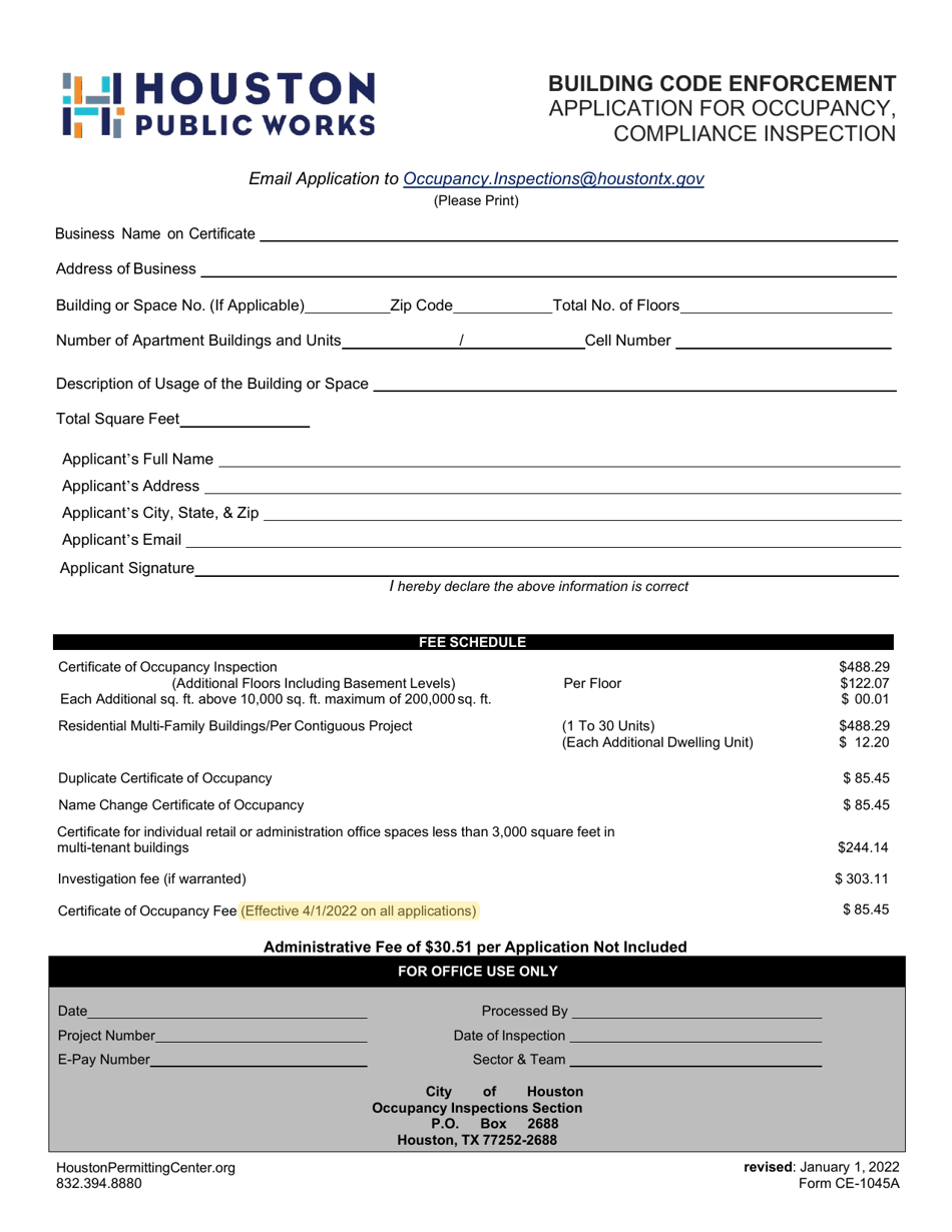 Form CE-1045A Application for Occupancy, Compliance Inspection - City of Houston, Texas, Page 1