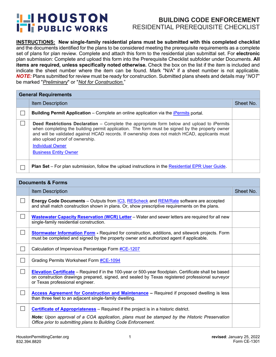 Form CE-1301 Residential Prerequisite Checklist - City of Houston, Texas, Page 1