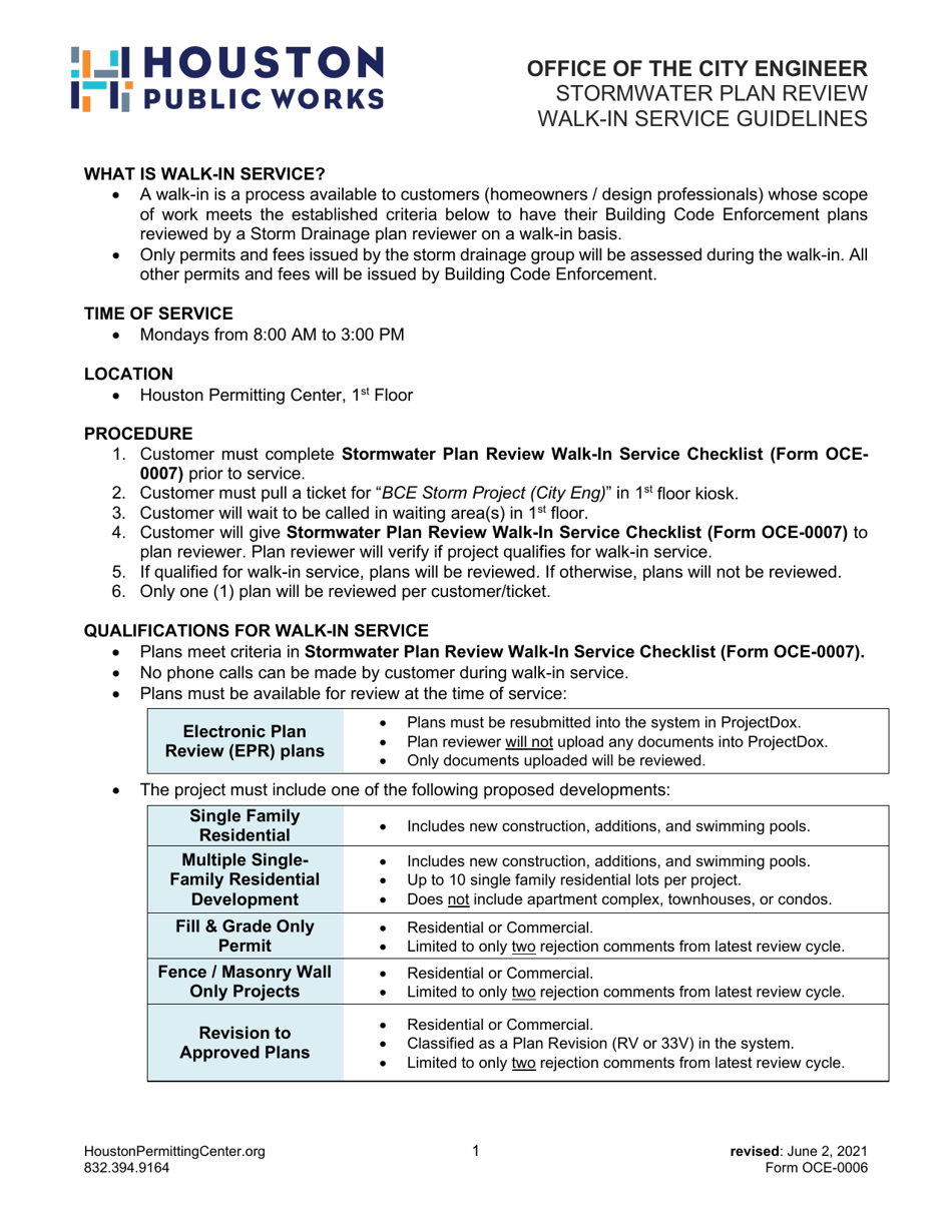 Form OCE-0007 Stormwater Plan Review Walk-In Service Checklist - City of Houston, Texas, Page 1