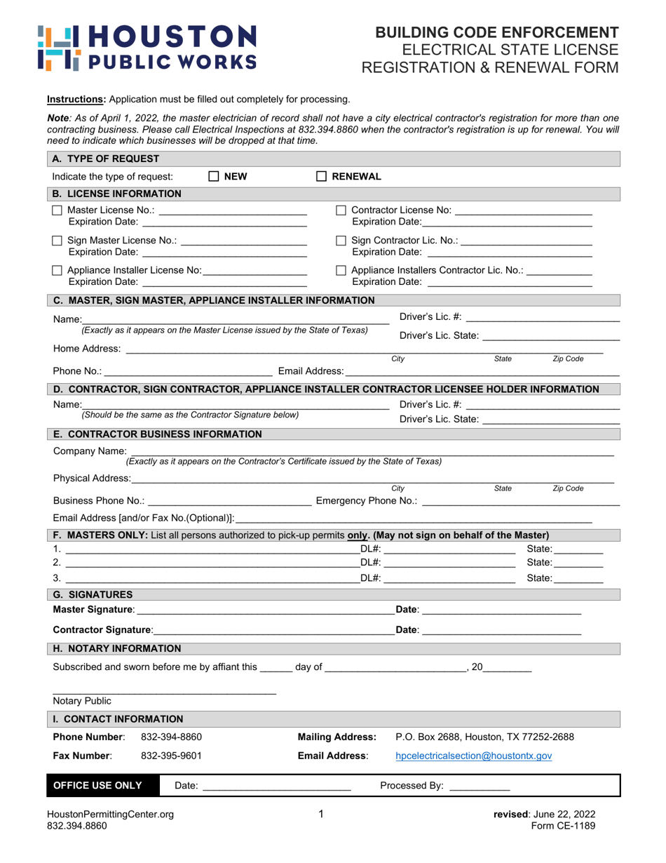 Form CE-1189 Electrical State License Registration  Renewal Form - City of Houston, Texas, Page 1