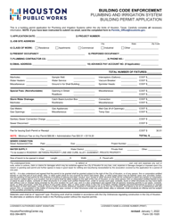 Document preview: Form CE-1020 Plumbing and Irrigation System Building Permit Application - City of Houston, Texas