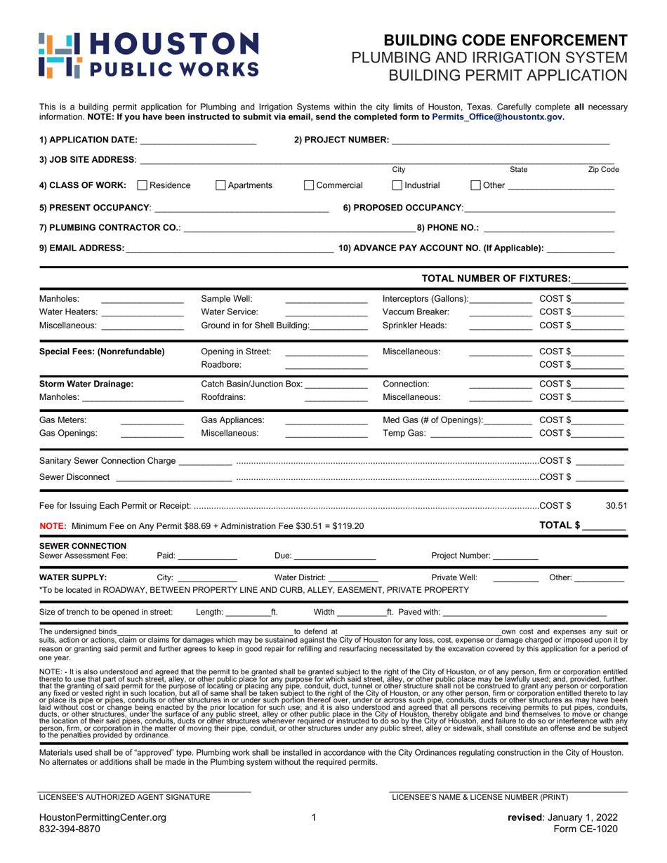 Form CE-1020 Plumbing and Irrigation System Building Permit Application - City of Houston, Texas, Page 1