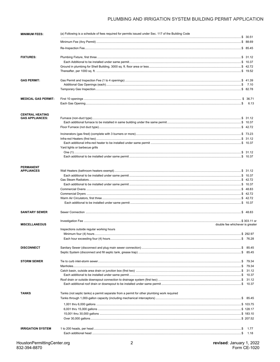 Form CE-1020 Plumbing and Irrigation System Building Permit Application - City of Houston, Texas, Page 2