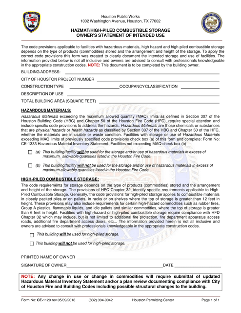 Form CE-1120 Hazmat/High-Piled Combustible Storage Owner's Statement of Intended Use - City of Houston, Texas