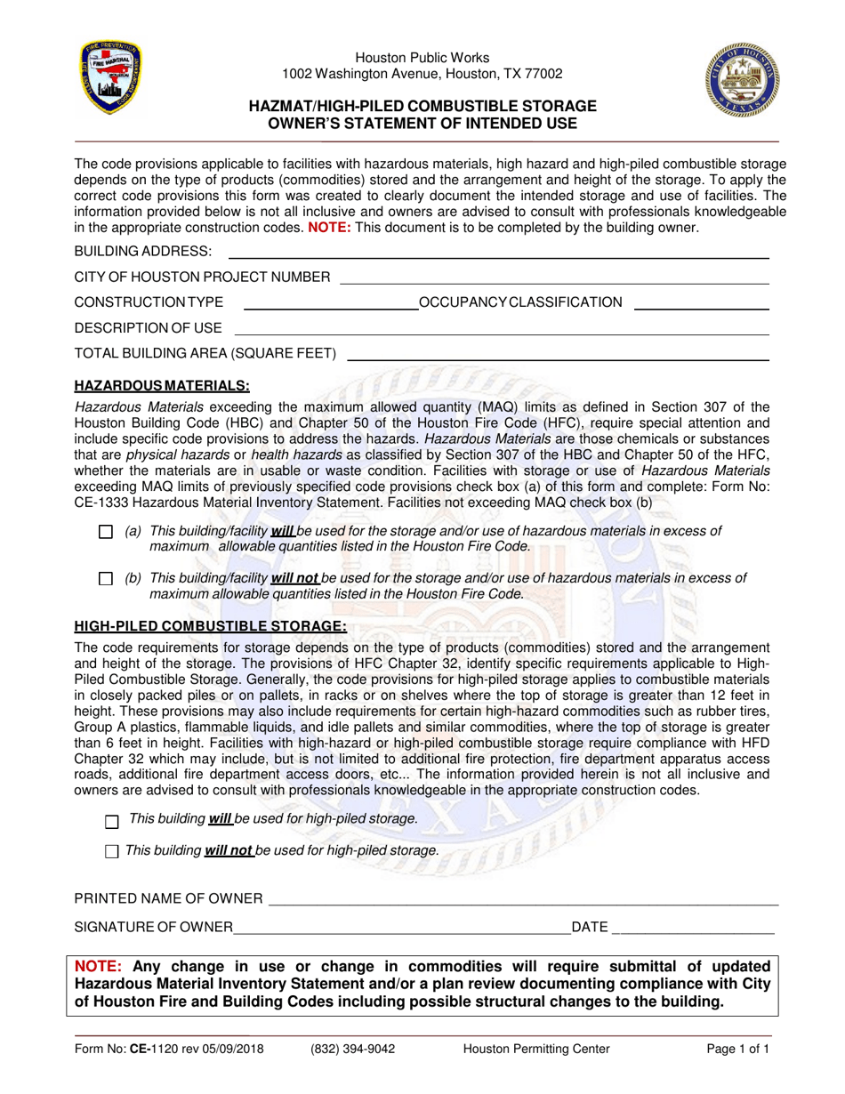 Form CE-1120 Hazmat / High-Piled Combustible Storage Owners Statement of Intended Use - City of Houston, Texas, Page 1