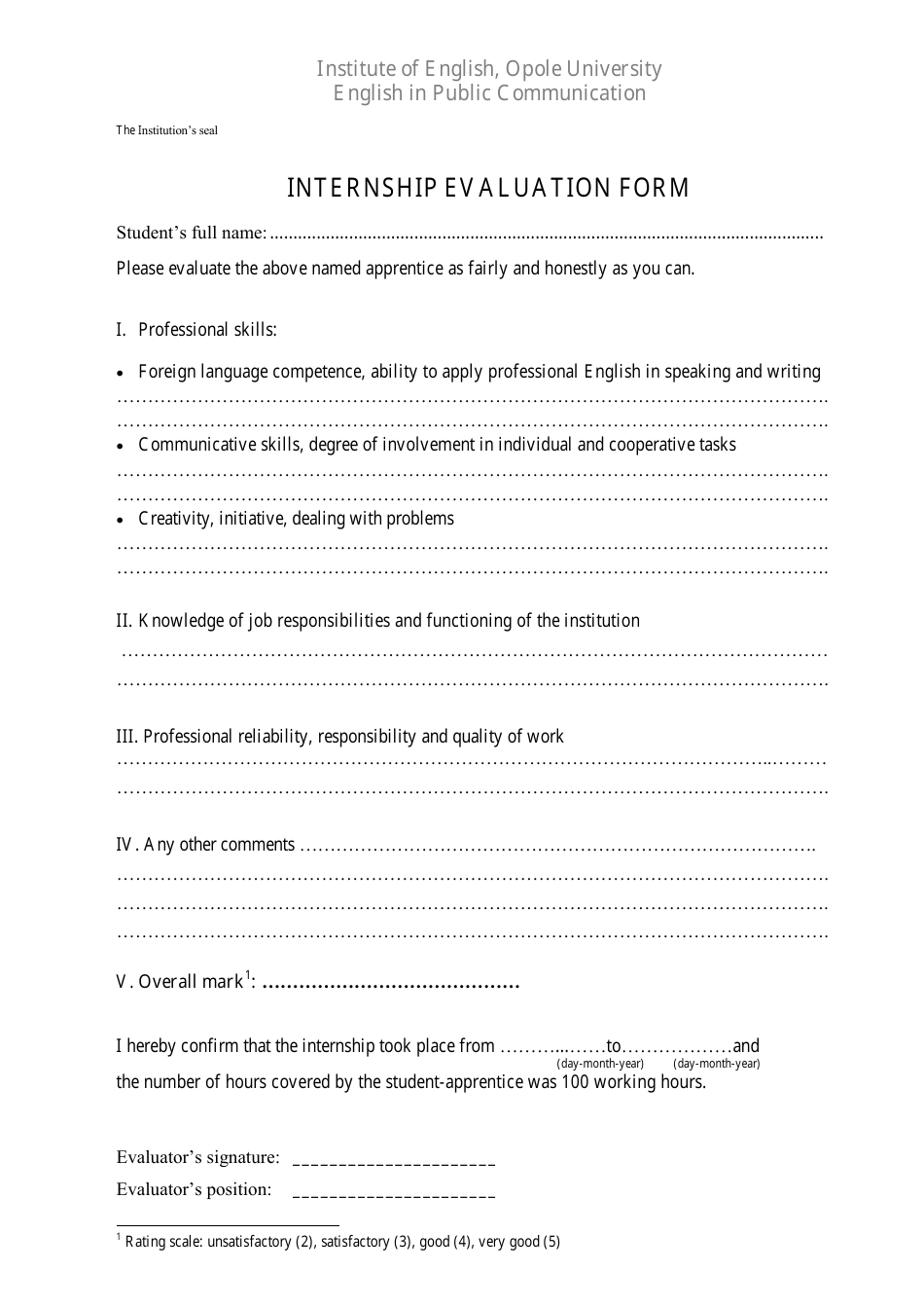 Internship Evaluation Form - Opole University - Fill Out, Sign Online ...