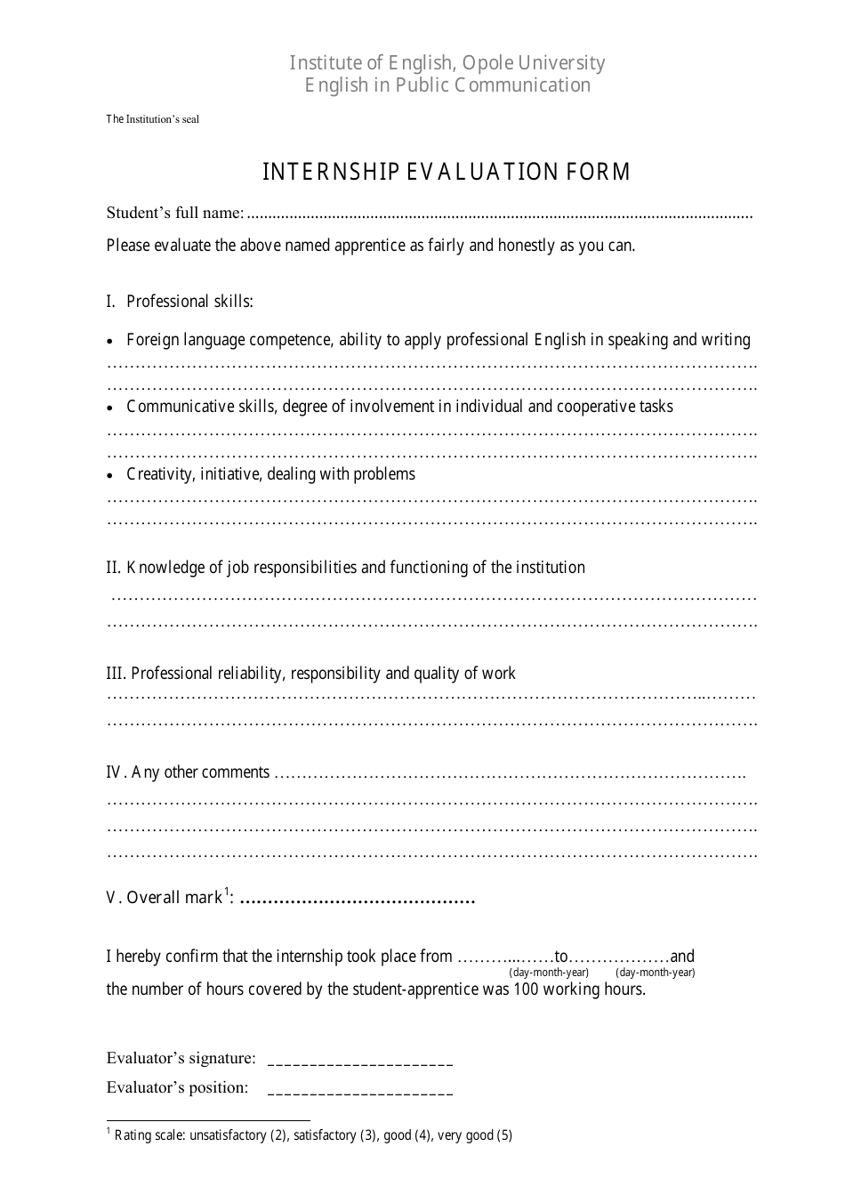 Internship Evaluation Form - Opole University, Page 1