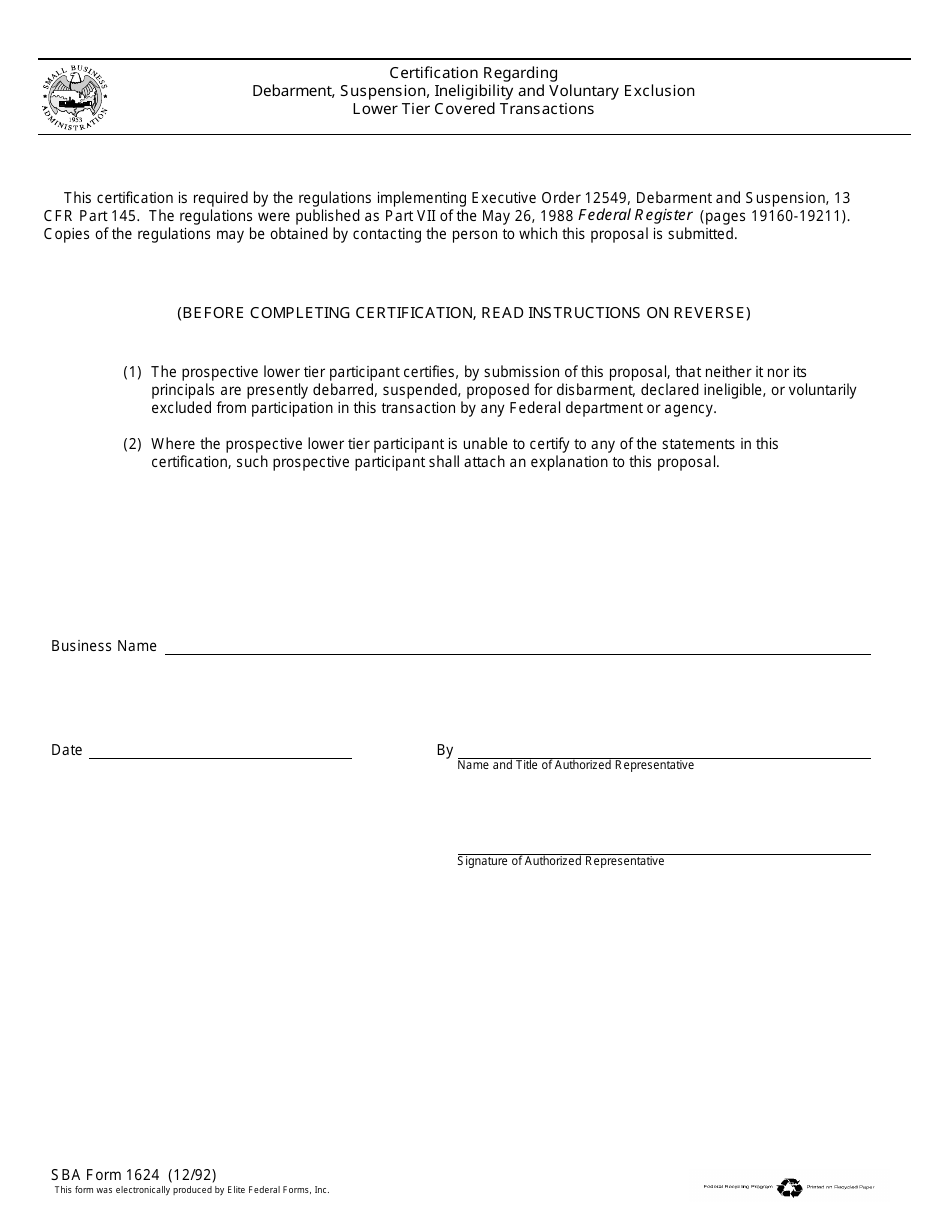 SBA Form 1624 Certification Regarding Debarment, Suspension, Ineligibility and Voluntary Exclusion Lower Tier Covered Transactions, Page 1