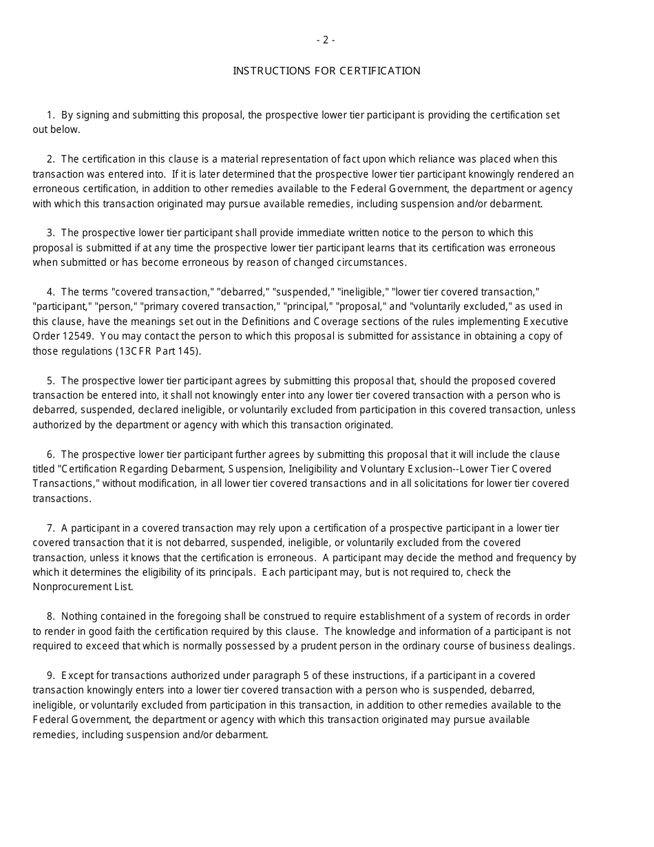 SBA Form 1624 Certification Regarding Debarment, Suspension, Ineligibility and Voluntary Exclusion Lower Tier Covered Transactions, Page 2