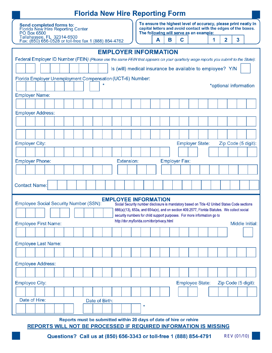 New Hire Reporting Form - Florida, Page 1
