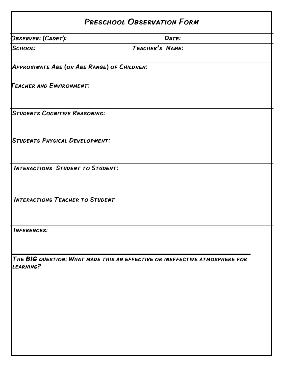 Preschool Observation Form, Page 1