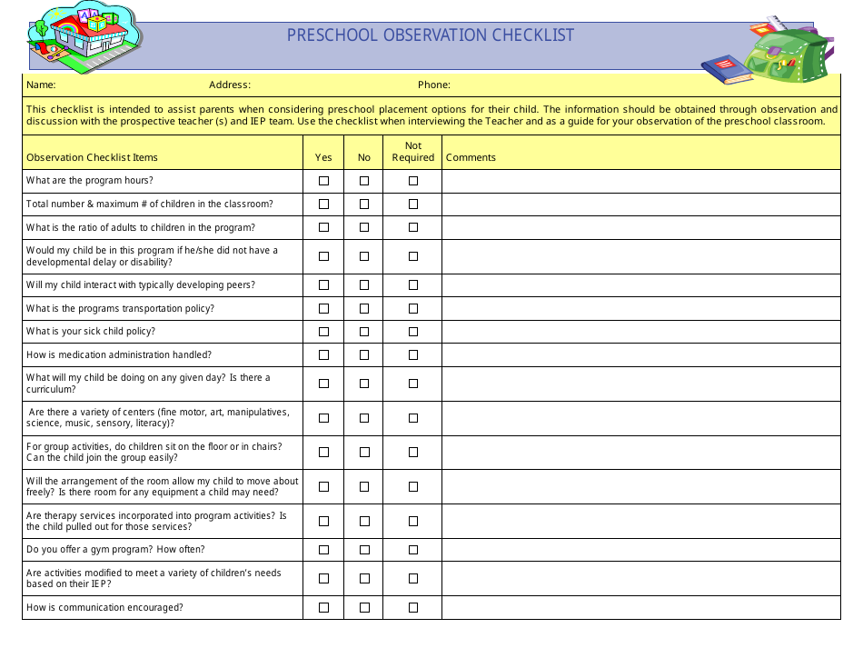 Preschool Observation Checklist Template, Page 1