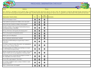 &quot;Preschool Observation Checklist Template&quot;